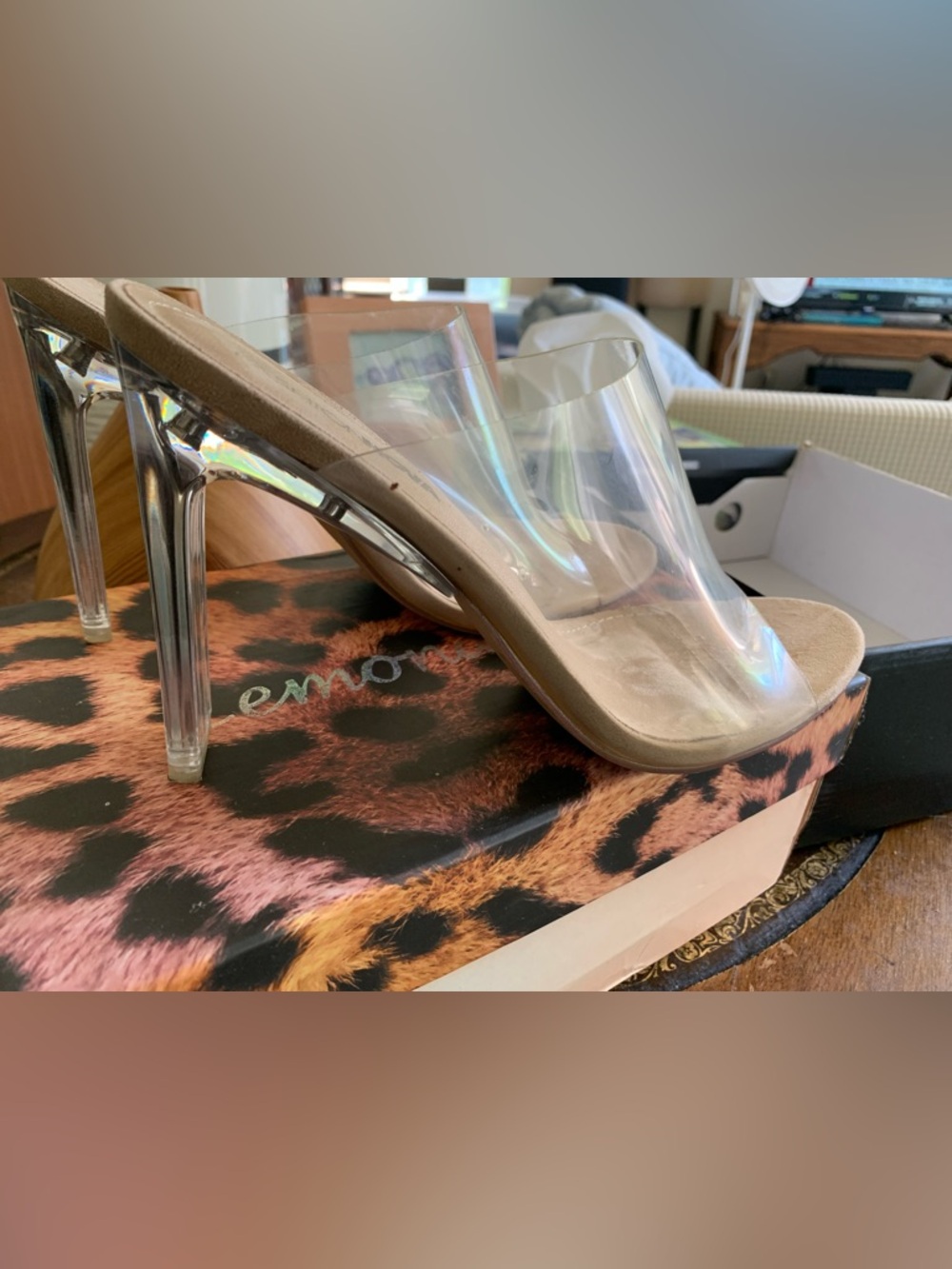 Fashion Nova Clear Vinyl Nude/Tan Slip-On Mule Heels